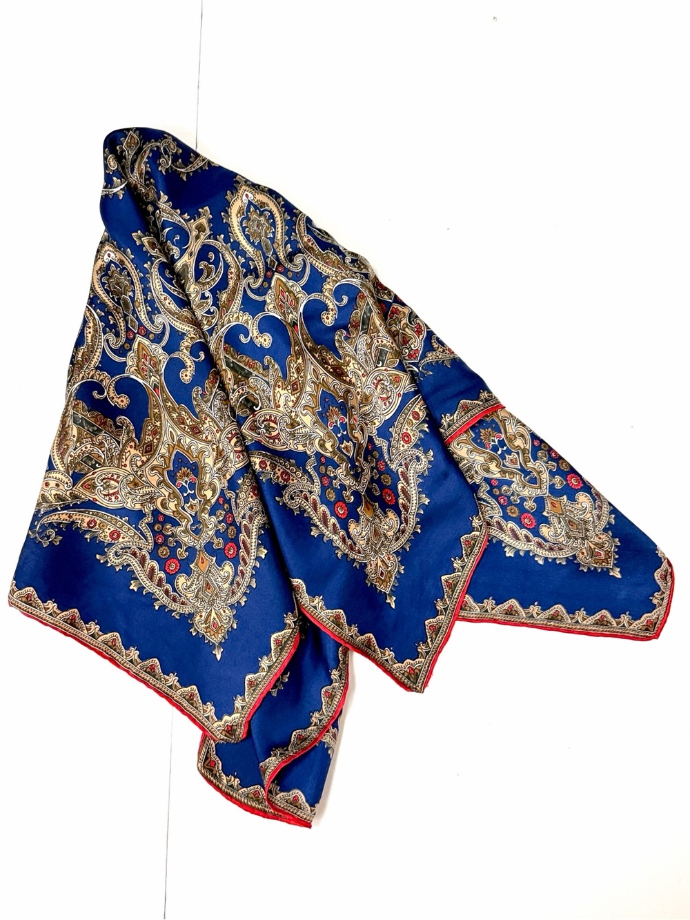 Royal Blue Silk Square Scarf Ornate Baroque Paisley Medallion Print Hand Rolled